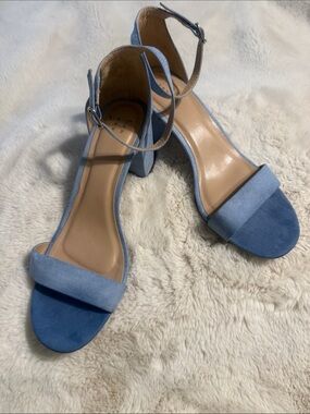 a new day Light Blue Suede Block Heel Ankle-Strap Sandals